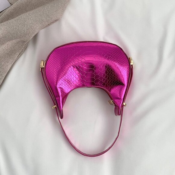 Hot Pink Elegant Women's Metallic Snakeskin Embossed Hobo Bag - Picture 2 of 4